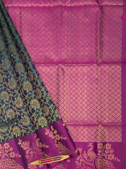 VSA464 - peacock blue color body & magenta color pallu , blouse pure silk saree