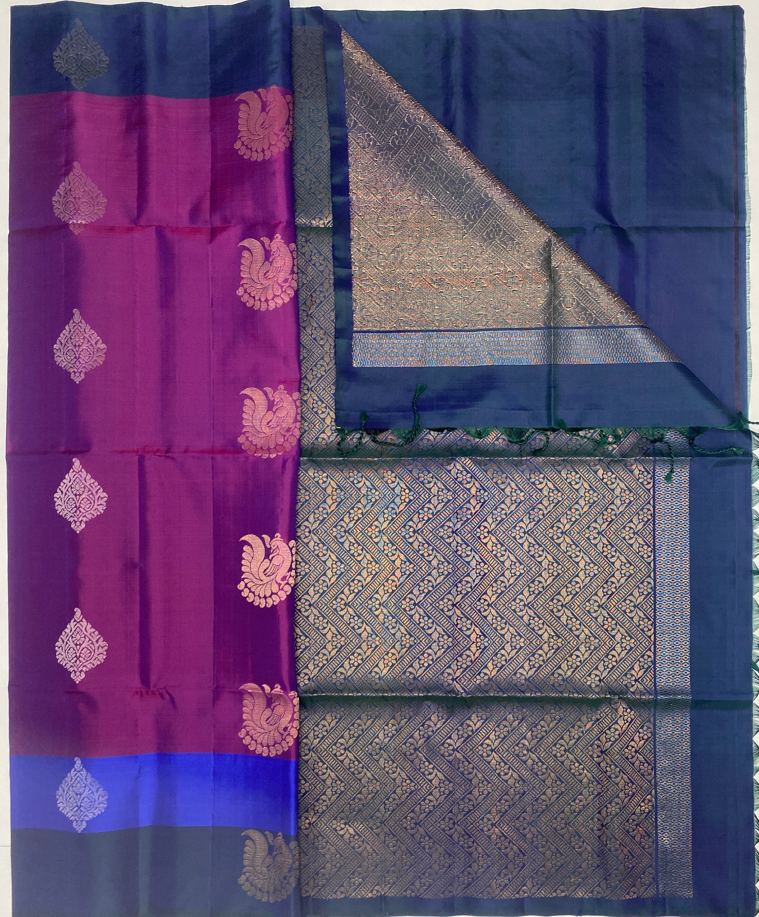 VSF794 - violet color body , peacock blue color pallu,blouse - Pure silk saree
