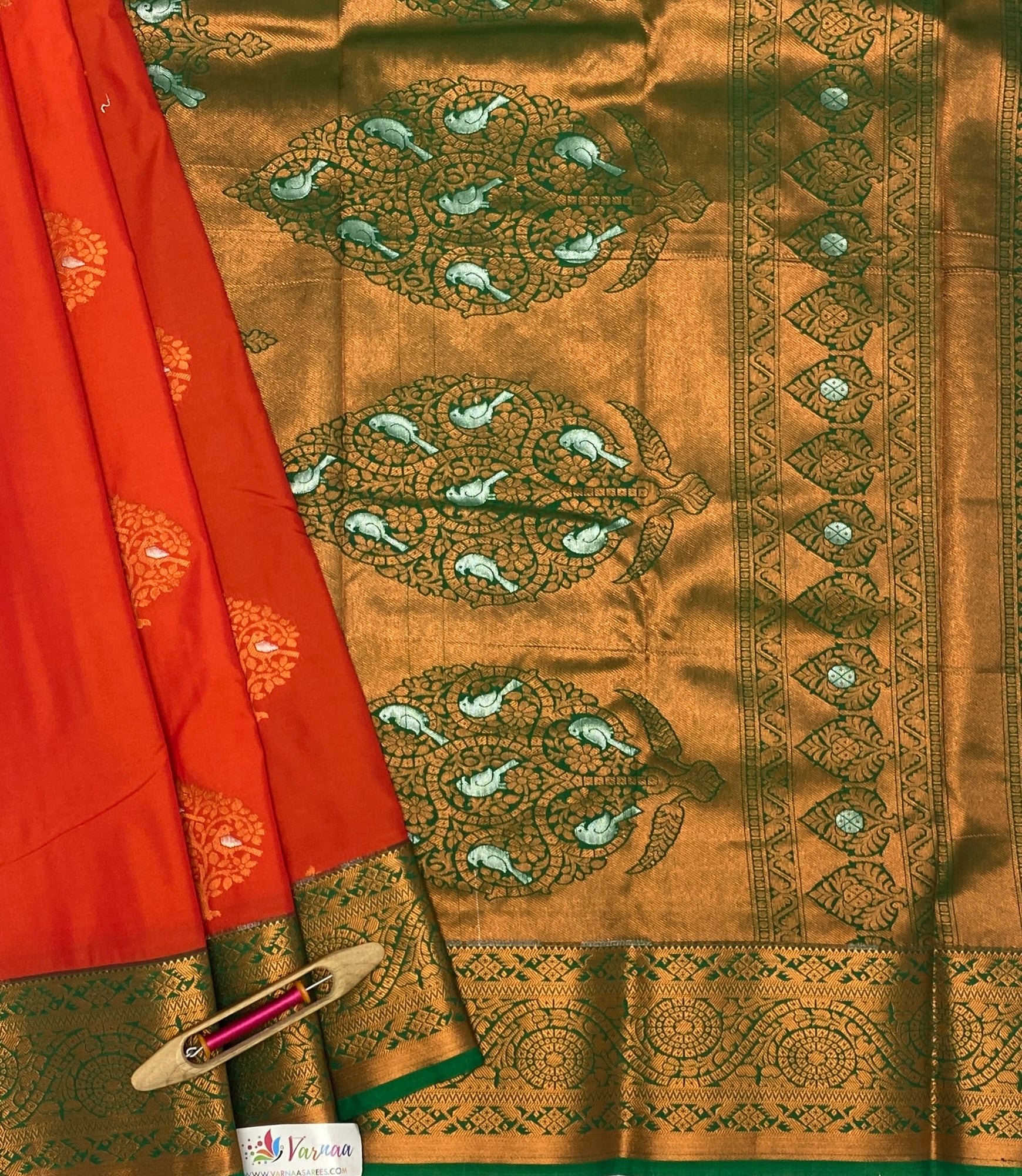VSAS538 - orange color body , green color pallu , blouse.