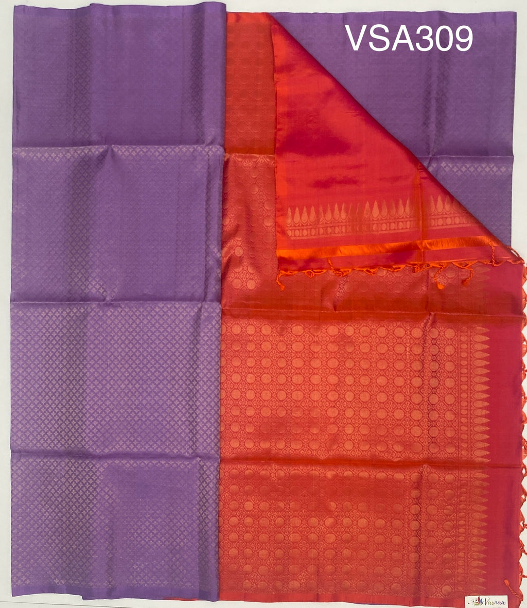 VSA309 - lavender color body & pinkish ornage color pallu , blouse pure silk saree