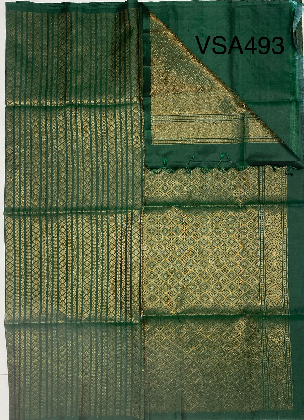 VSA493 - bottle green color body, pallu , blouse pure silk saree