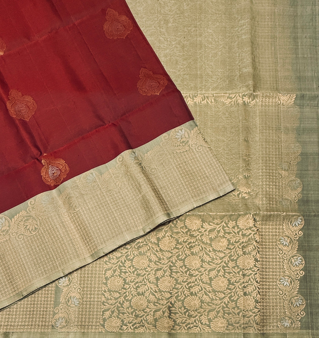 VST333 - maroon color body , beige color pallu , blouse - Pure silk saree