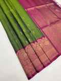 VST344 - olive green color body , purple color pallu , blouse - Pure silk saree