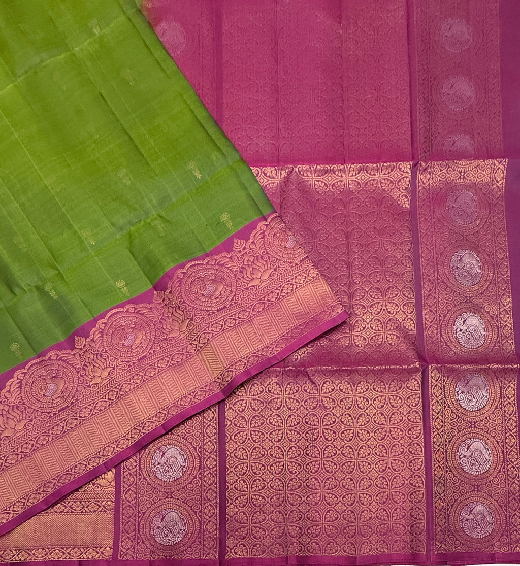 VST344 - olive green color body , purple color pallu , blouse - Pure silk saree