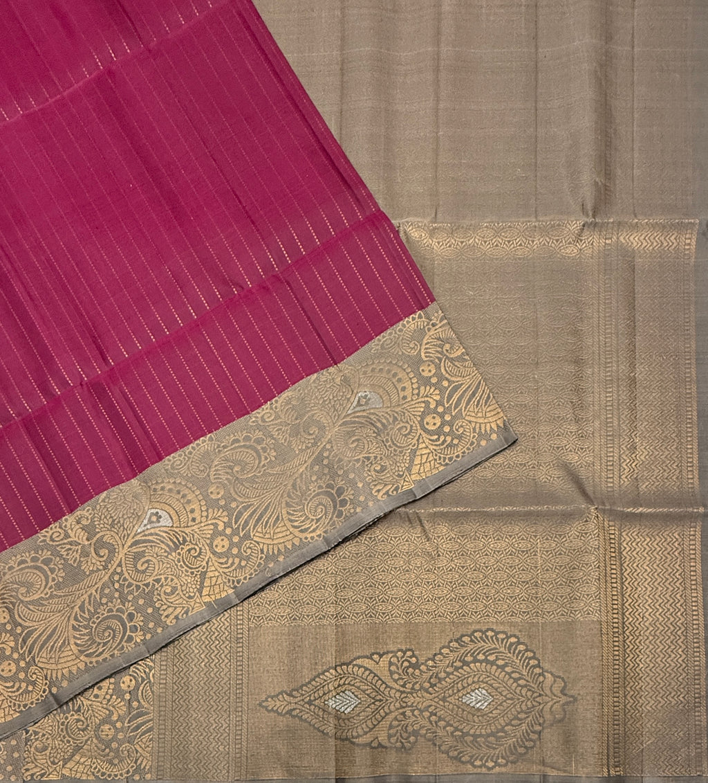 VST345 - purple color body , grey color pallu , blouse - Pure silk saree