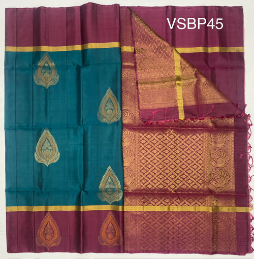 VSBP45 - peacock green color body & purple color pallu,blouse - Pure silk saree