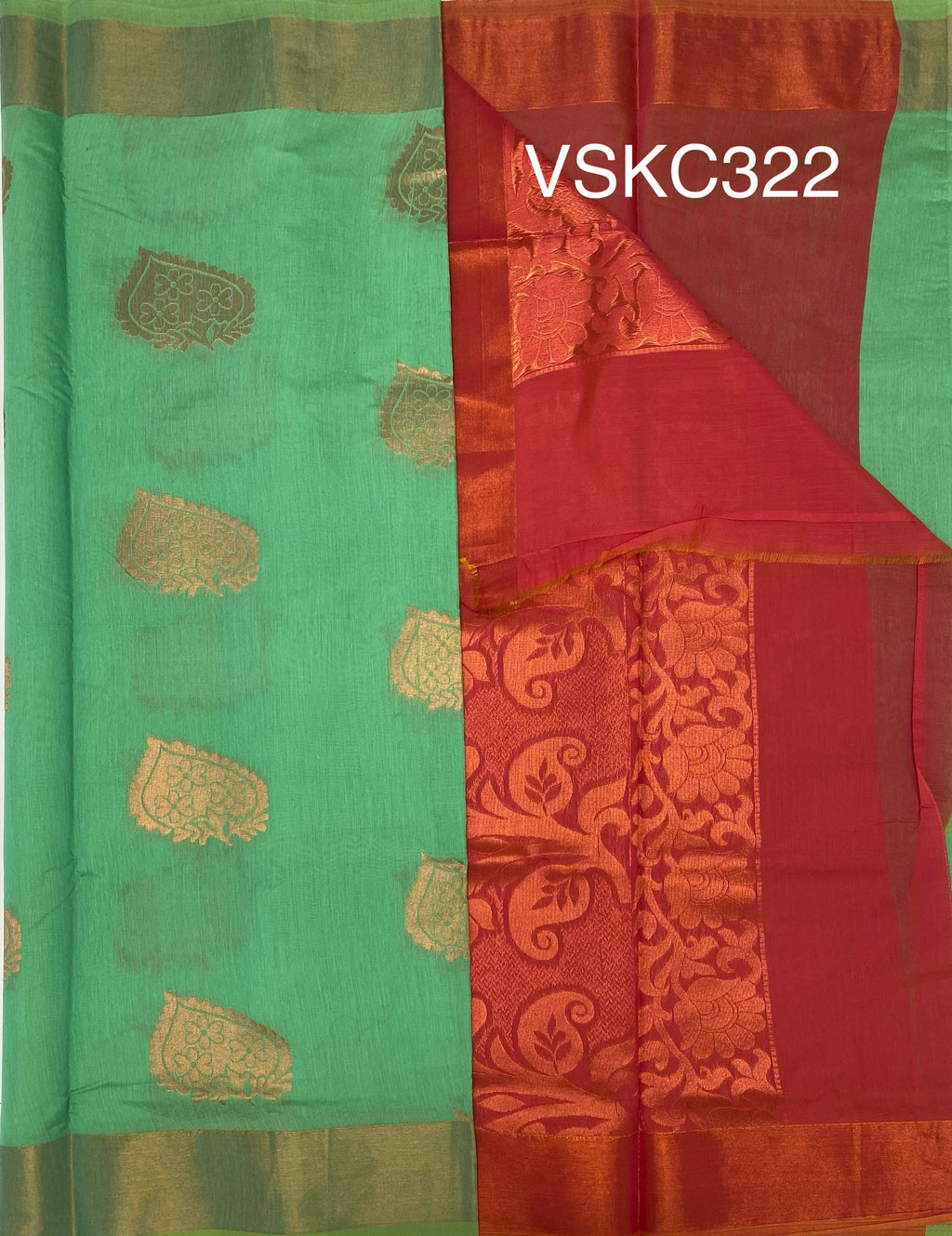 VSKC322 - rexona green color body , pinkish orange color pallu , blouse.