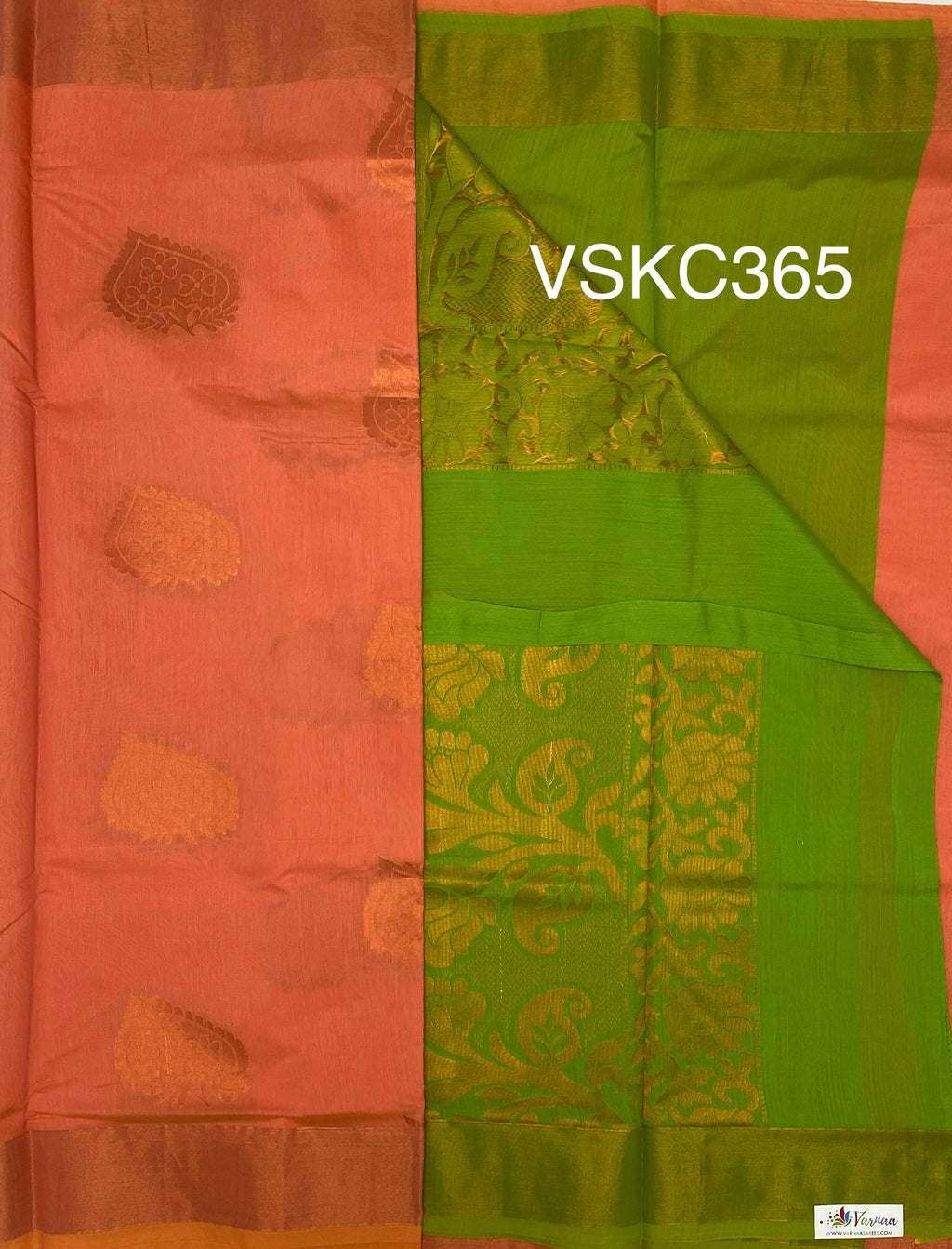VSKC365 - orange color body , green color pallu , blouse.