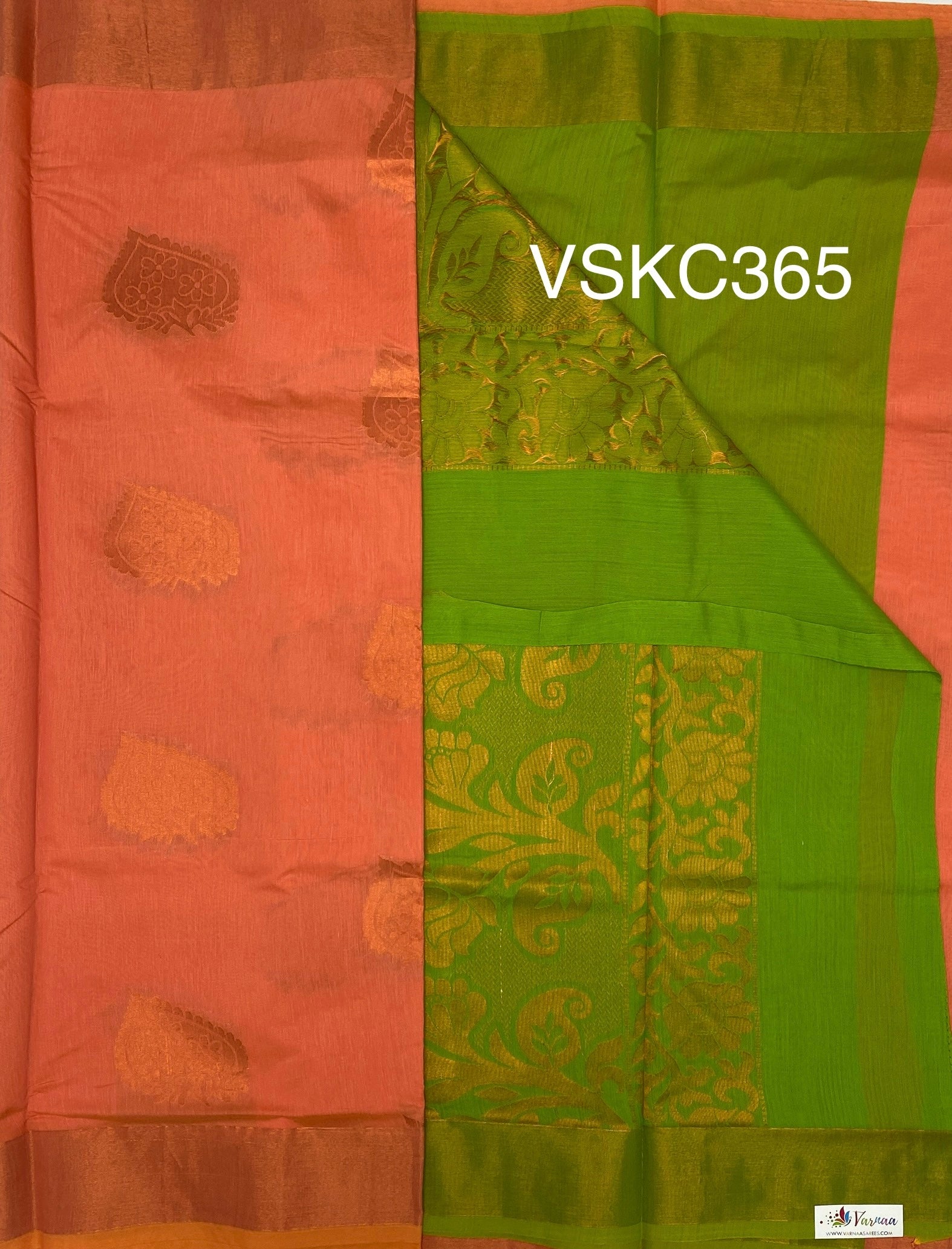 VSKC365 - orange color body , green color pallu , blouse.