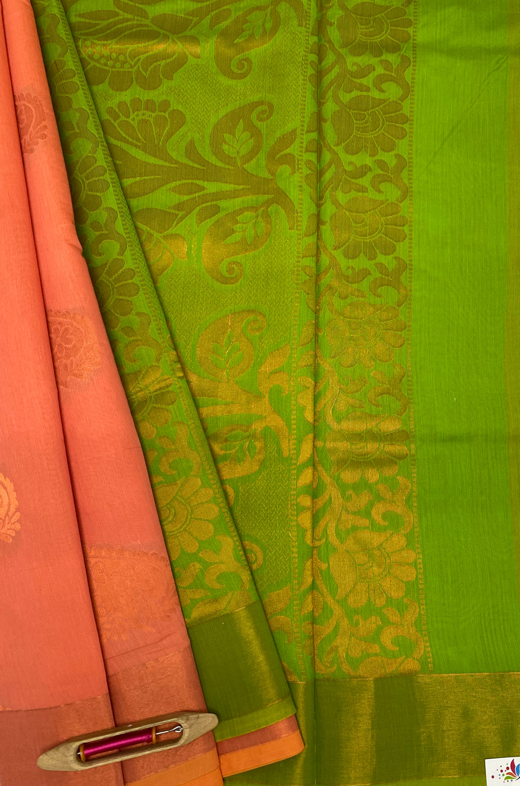 VSKC365 - orange color body , green color pallu , blouse.
