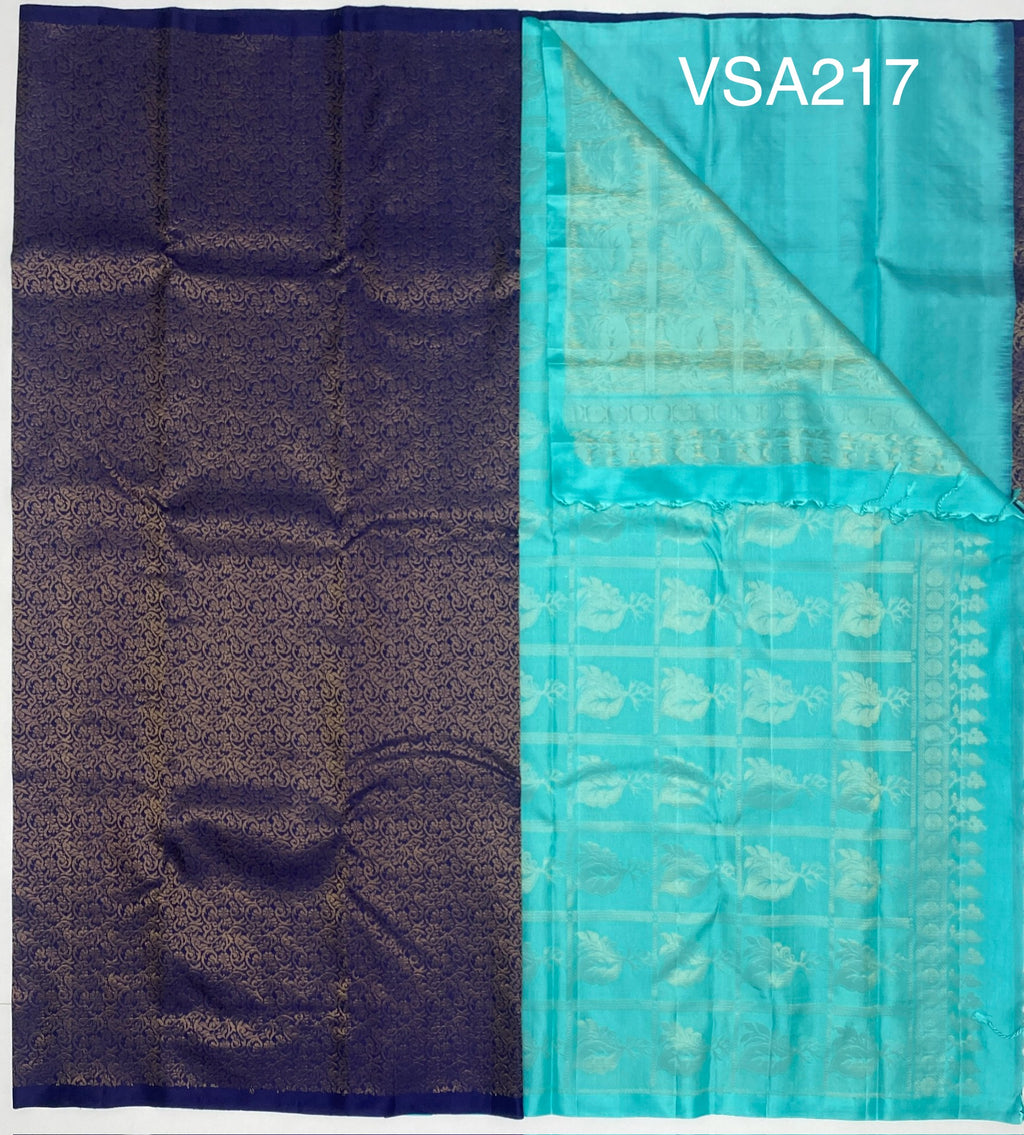 VSA217 - dark ink blue color body & sea blue color pallu , blouse pure silk saree