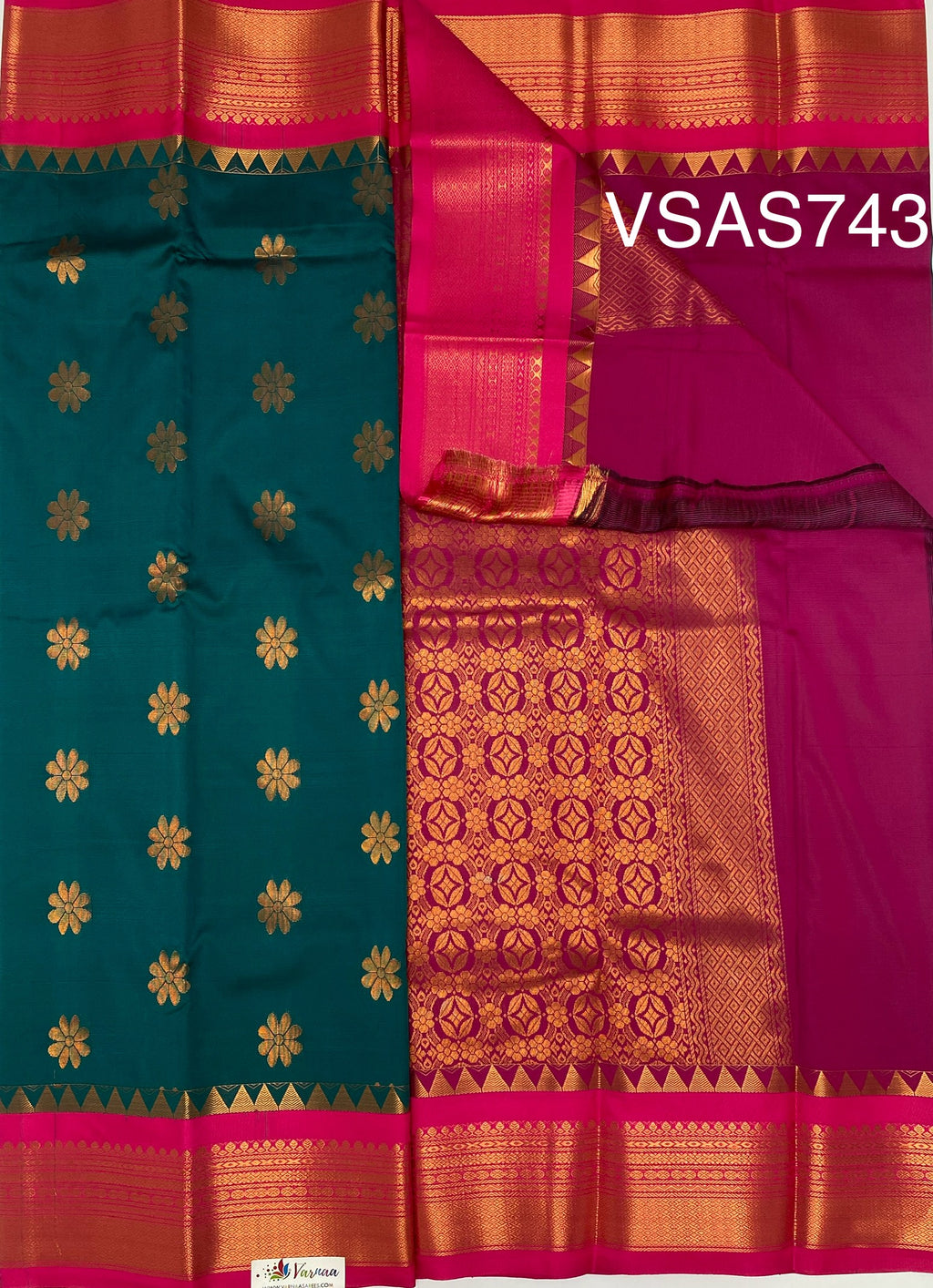 VSAS743 - dark green color body , pink color pallu , blouse.