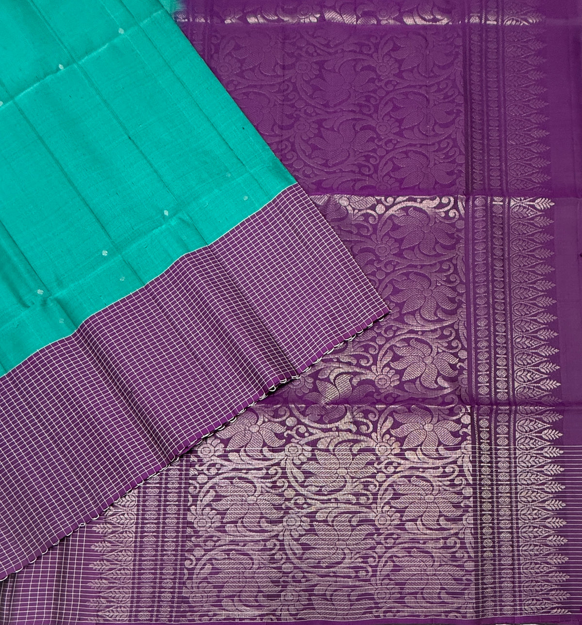 VST360 - peacock green color body , purple color pallu , blouse - Pure silk saree
