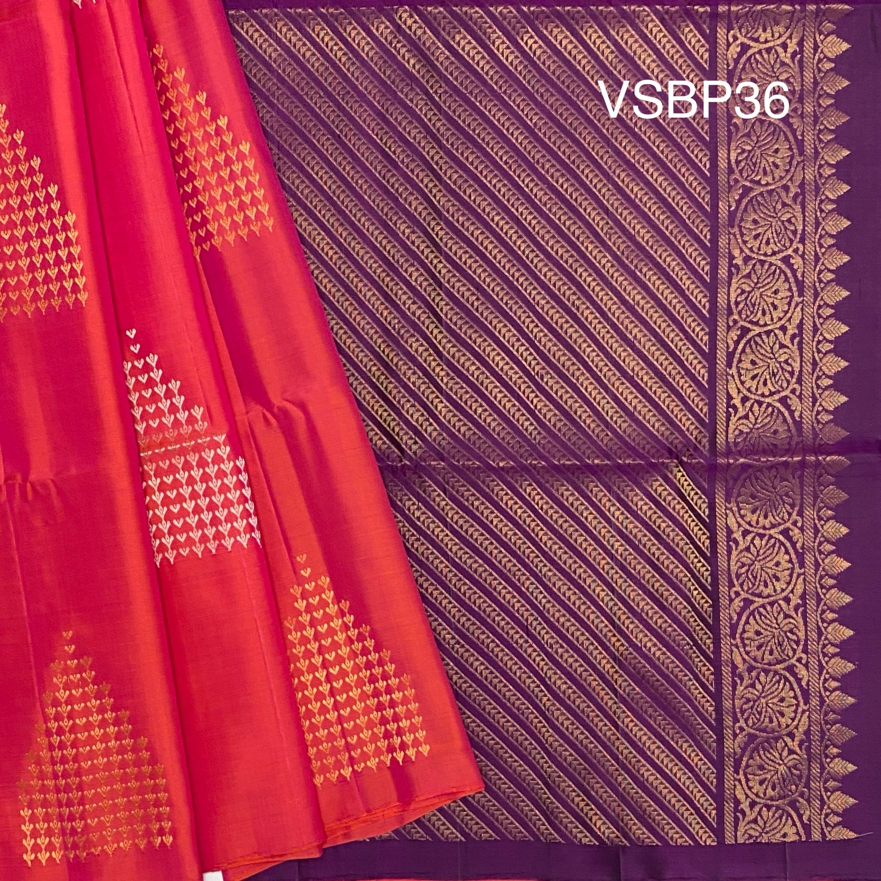 VSBP36 - pinkish orange color body & purple color pallu,blouse - Pure silk saree