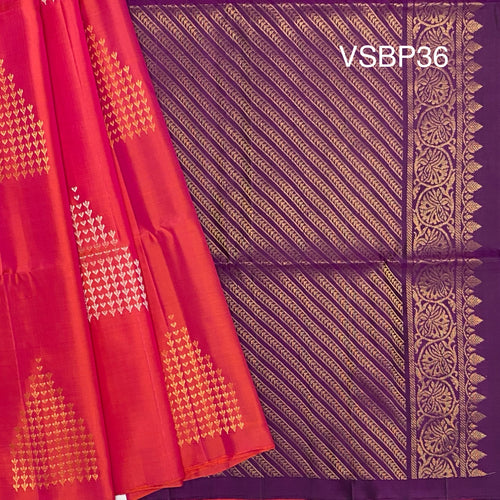 VSBP36 - pinkish orange color body & purple color pallu,blouse - Pure silk saree