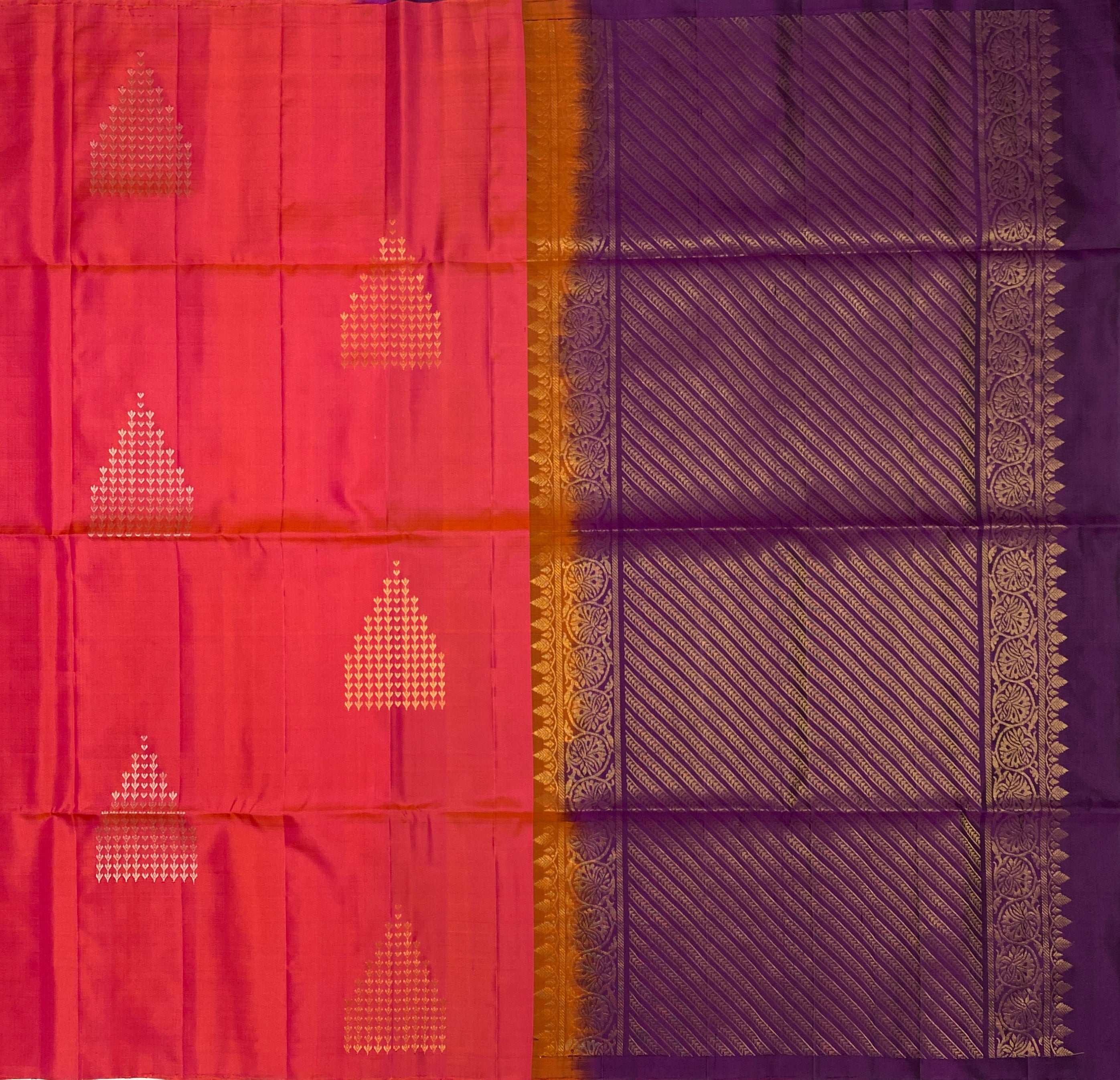 VSBP36 - pinkish orange color body & purple color pallu,blouse - Pure silk saree