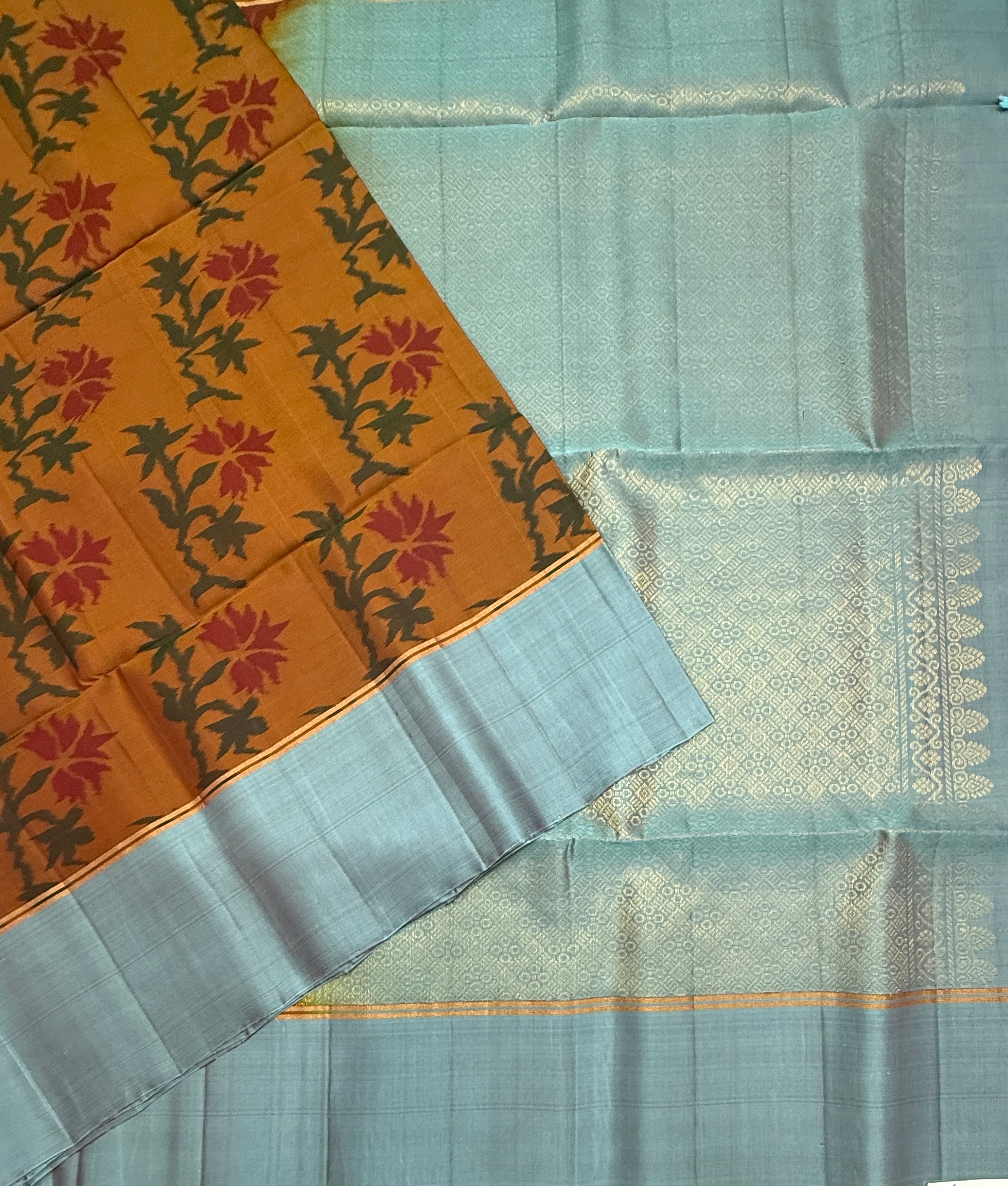 VSM154 - honey brown color body , sky blue color pallu , blouse&nbsp;