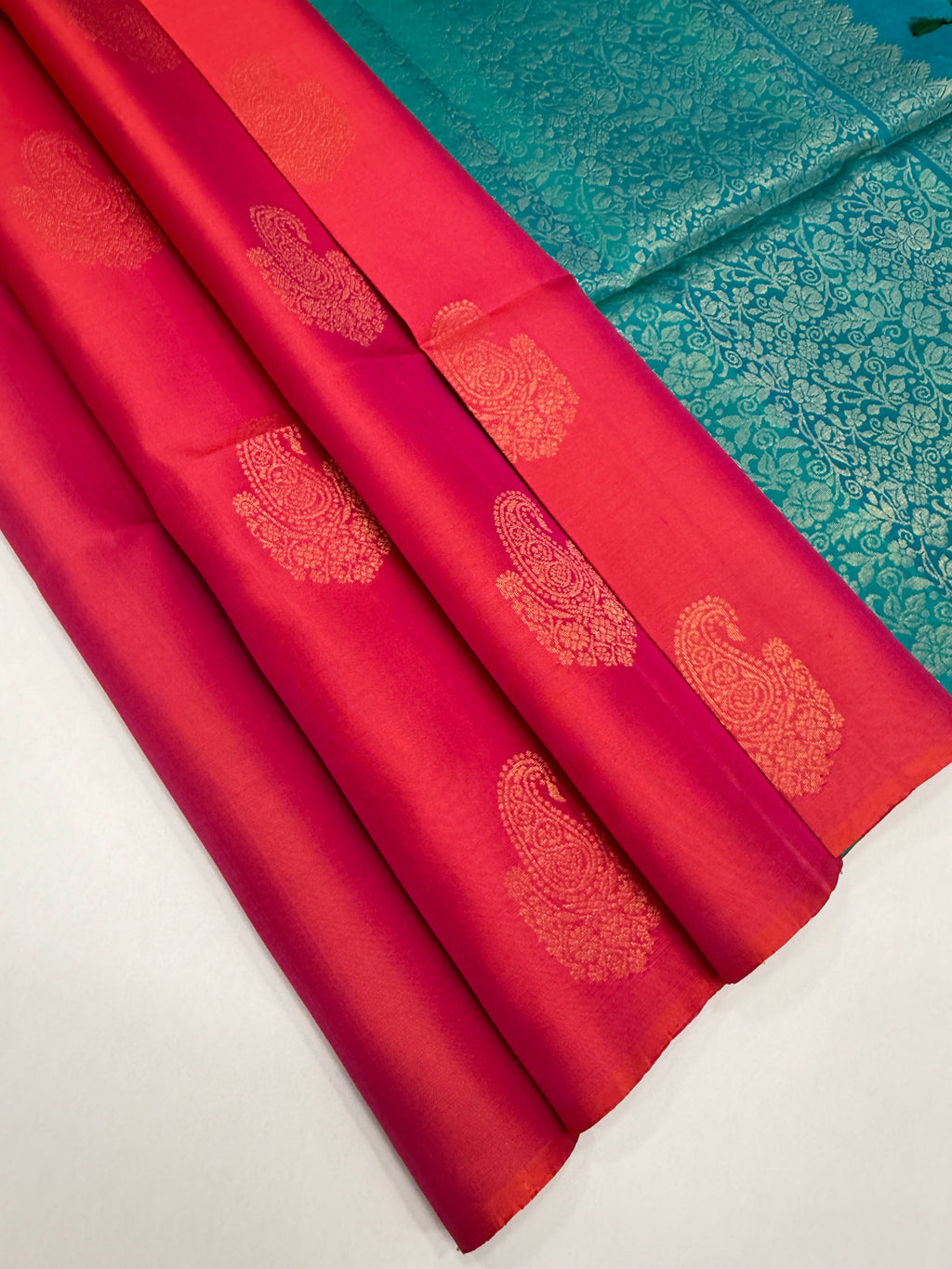 VSBL419 - pinkish orange color body , peacock blue color pallu , blouse - Pure silk saree