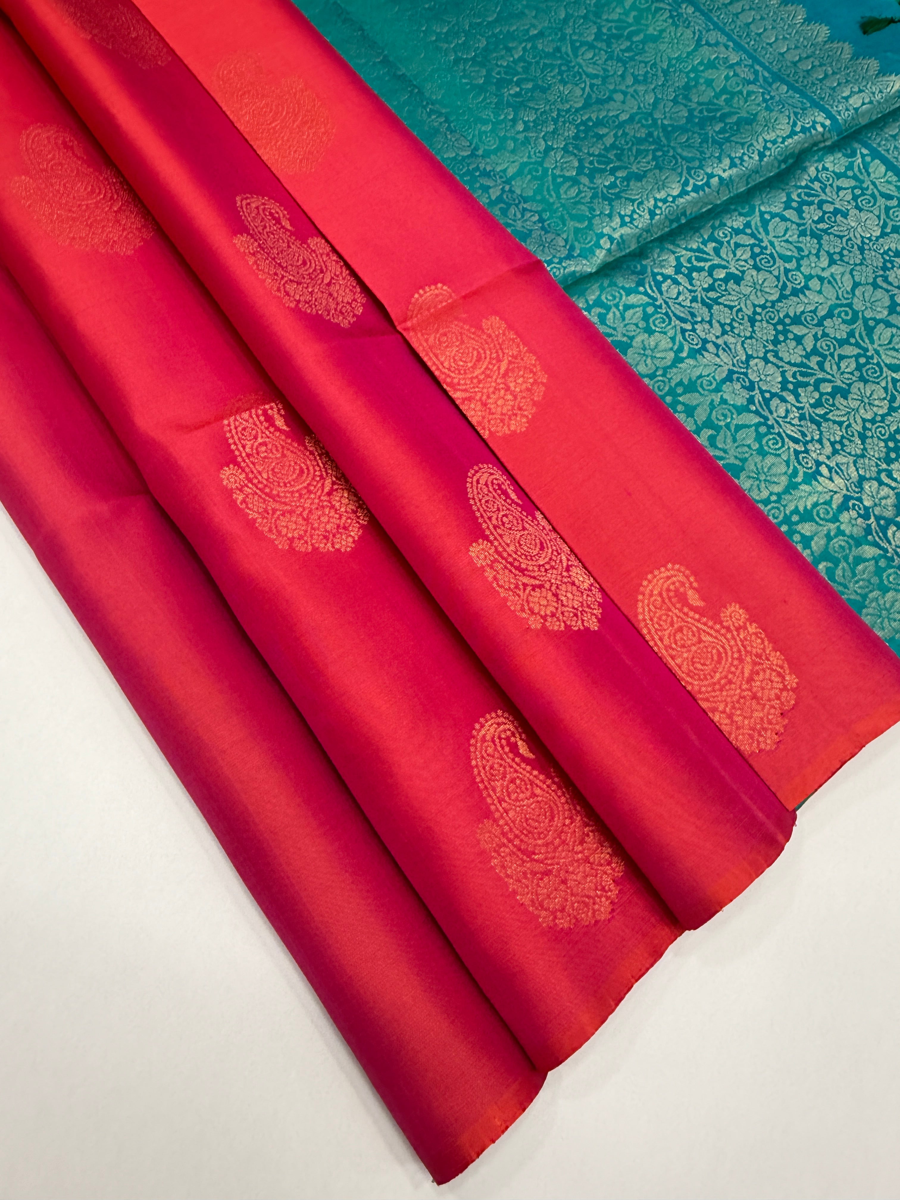 VSBL419 - pinkish orange color body , peacock blue color pallu , blouse - Pure silk saree