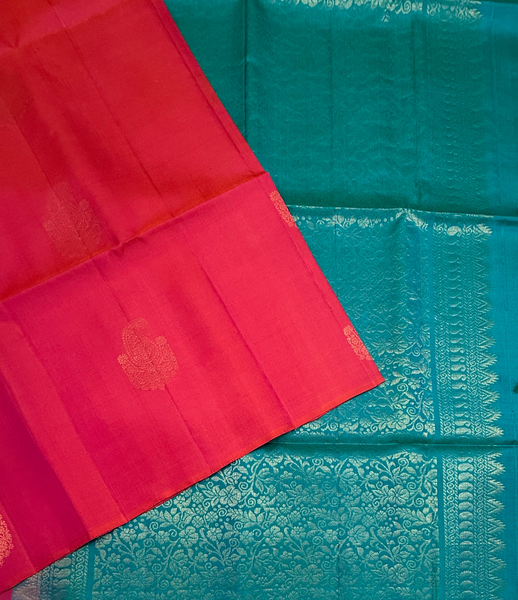 VSBL419 - pinkish orange color body , peacock blue color pallu , blouse - Pure silk saree