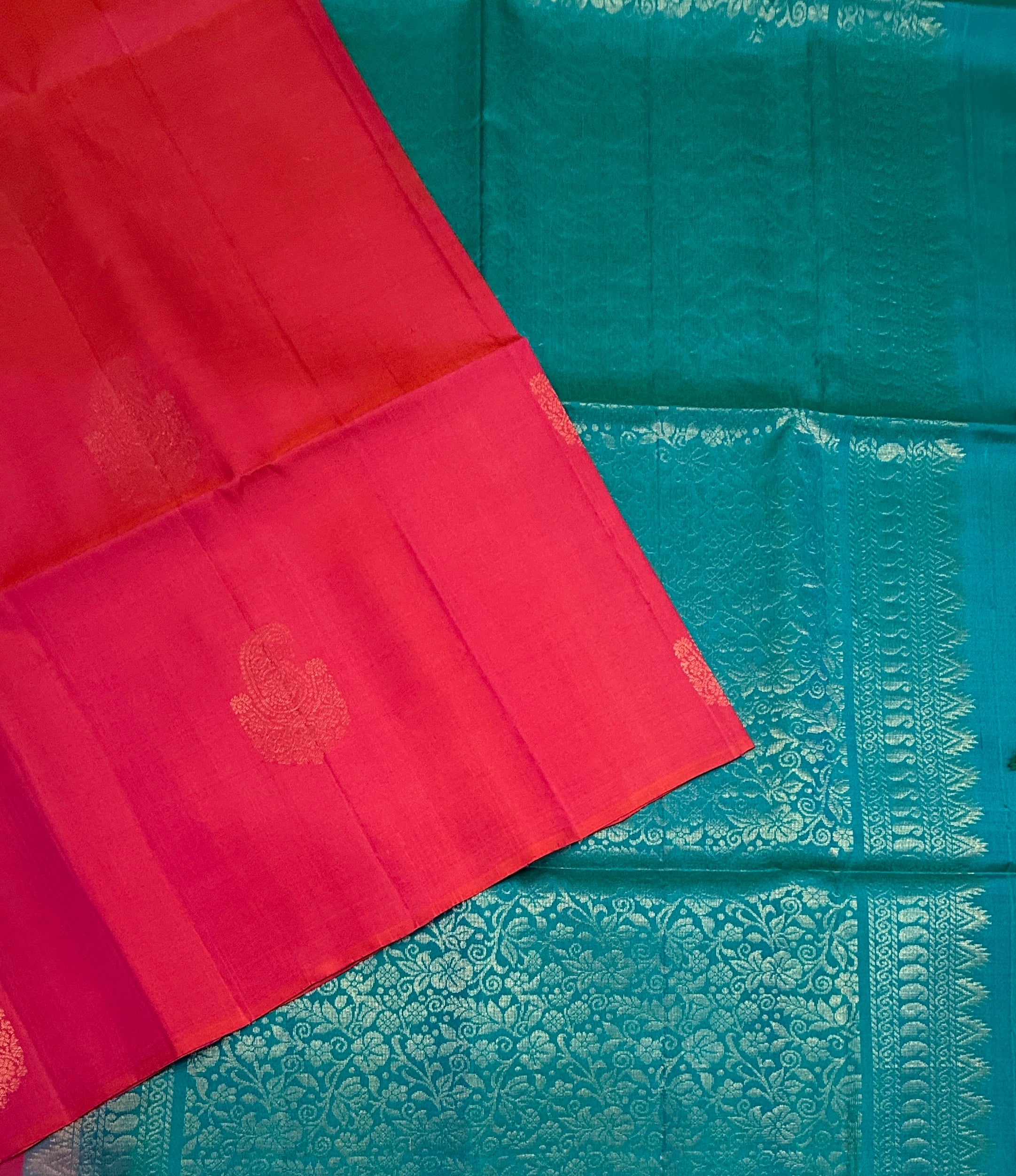 VSBL419 - pinkish orange color body , peacock blue color pallu , blouse - Pure silk saree