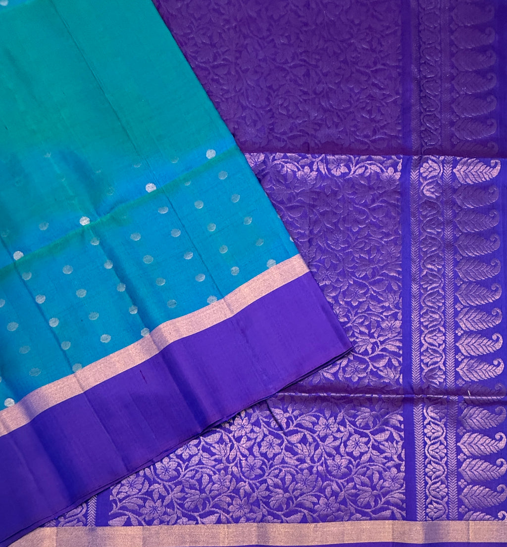 VSCB629 - peacock blue color body , violet color pallu , blouse - Pure silk saree