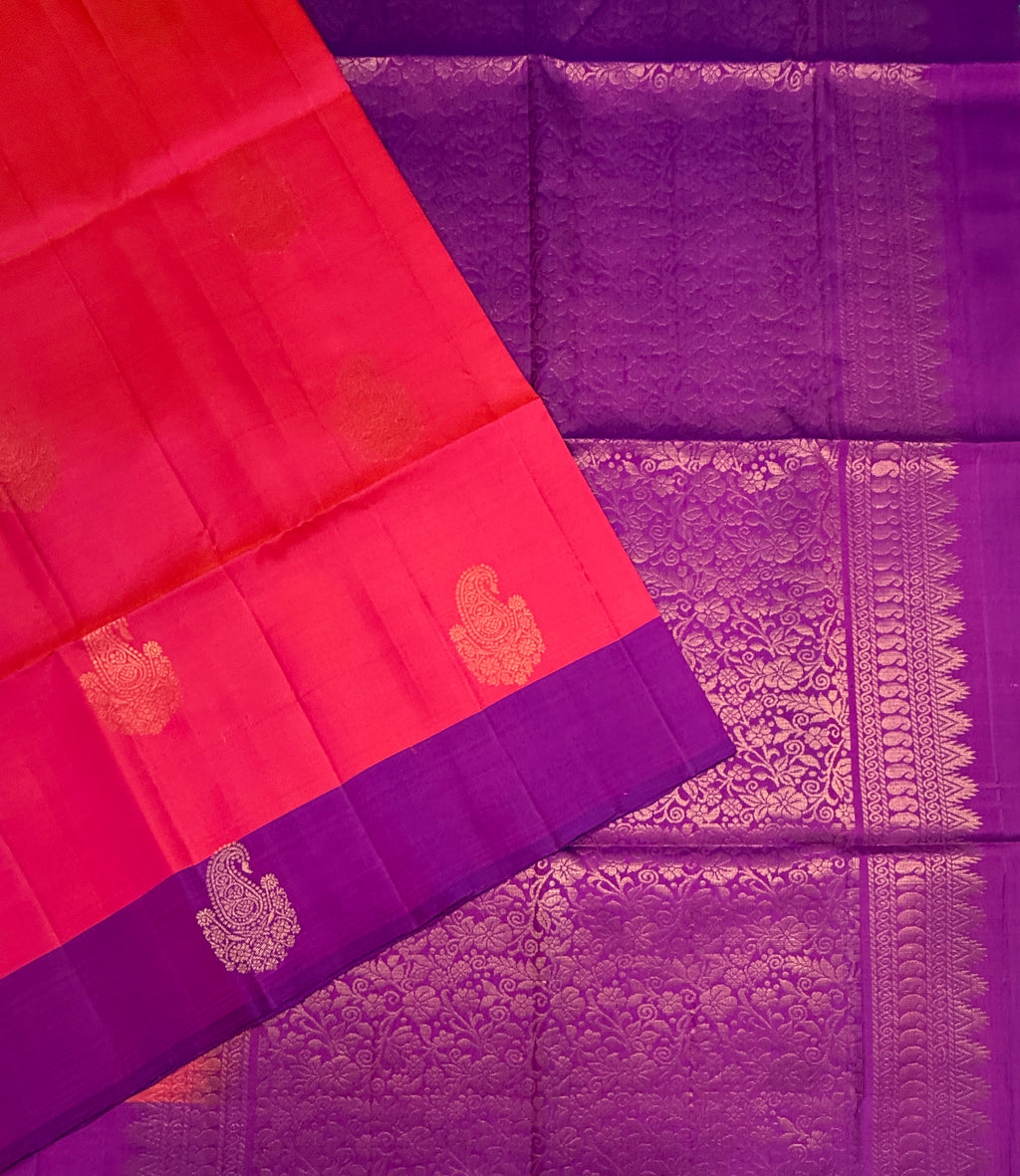 VSCB6631 - pinkish orange color body , purple color pallu , blouse - Pure silk saree