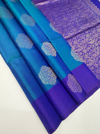 VSCB632 - peacock blue color body , violet color pallu , blouse - Pure silk saree