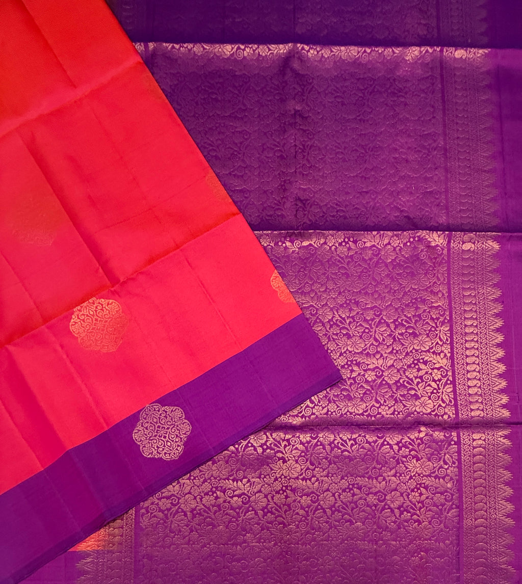 VSCB634 - pinkish orange color body , purple color pallu , blouse - Pure silk saree
