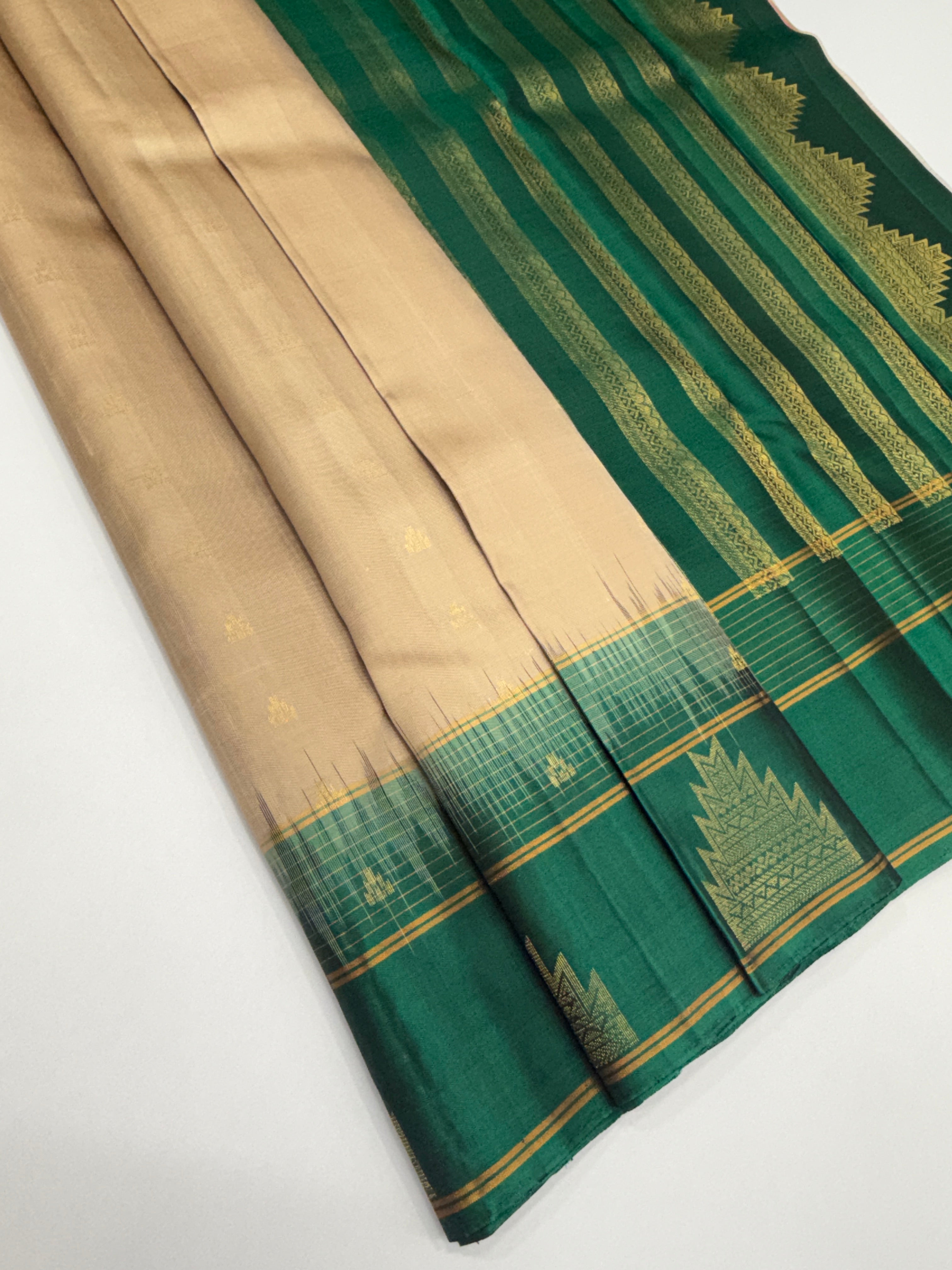 VSF1083 - sandal color body , peacock green color pallu,blouse - Pure silk saree