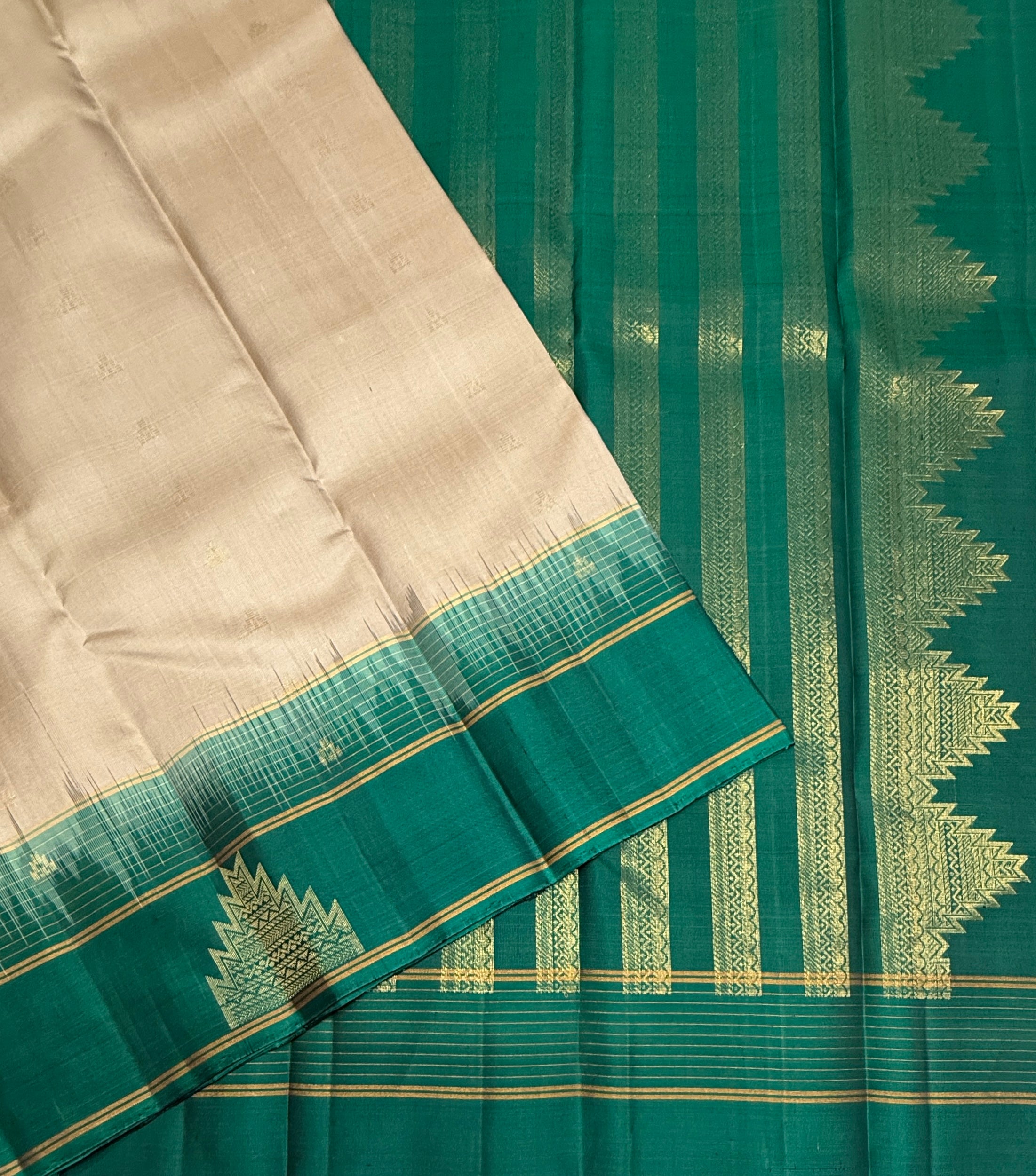 VSF1083 - sandal color body , peacock green color pallu,blouse - Pure silk saree