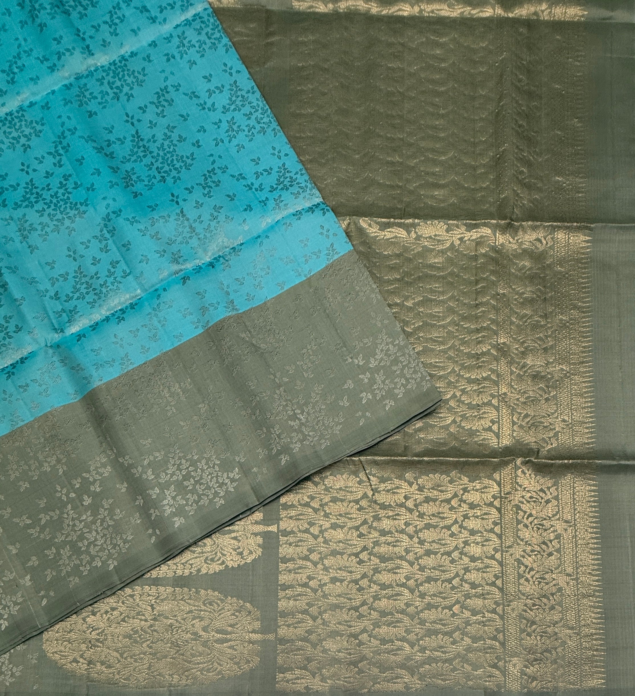 VSF1093 - sky blue color body , grey color pallu,blouse - Pure silk saree