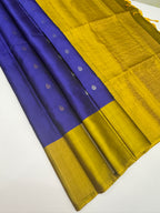 VSF1095 - ink blue color body , yellow with green color pallu,blouse - Pure silk saree