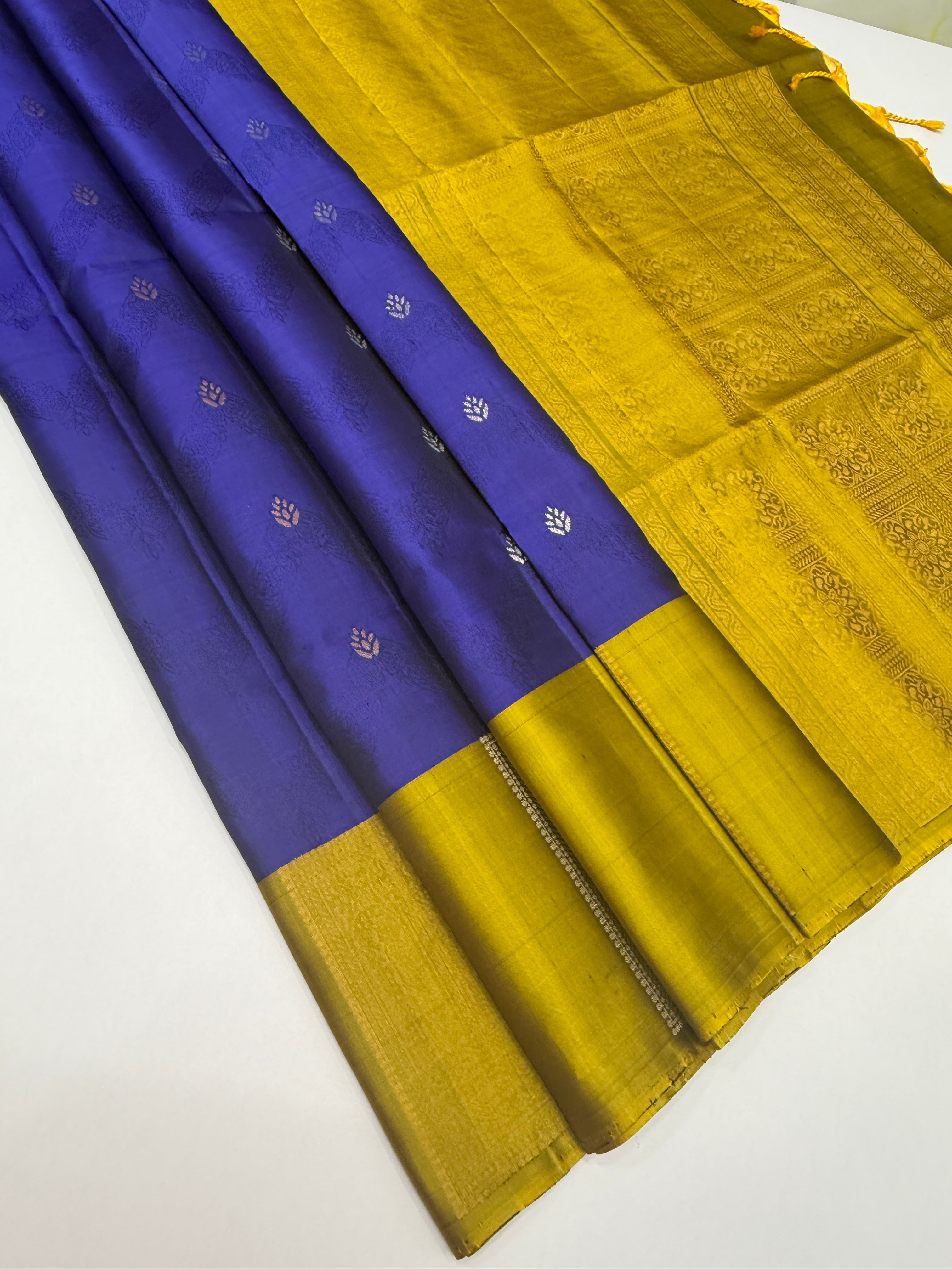 VSF1095 - ink blue color body , yellow with green color pallu,blouse - Pure silk saree