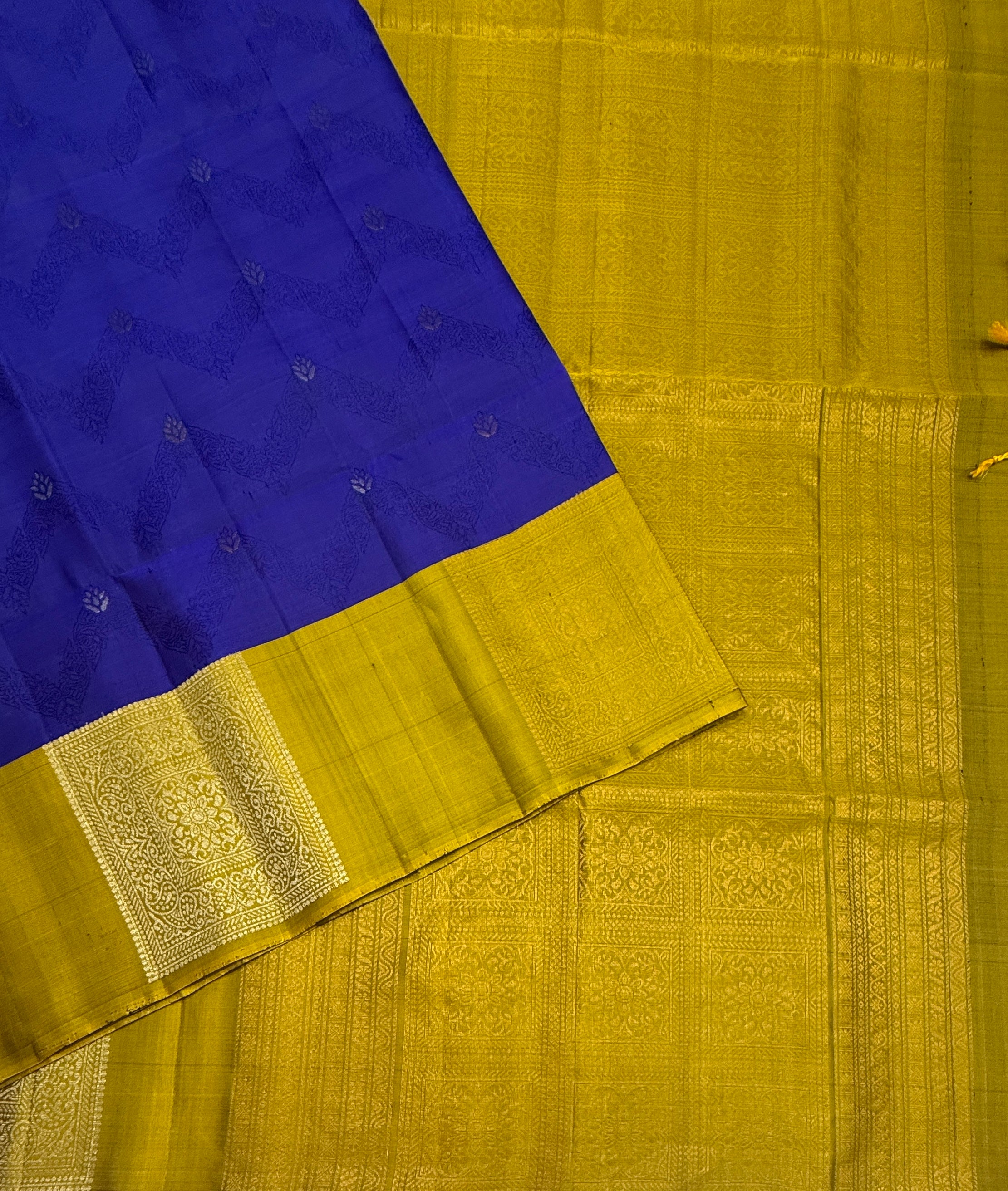 VSF1095 - ink blue color body , yellow with green color pallu,blouse - Pure silk saree