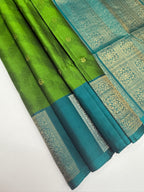VSF1097 - olive green color body , peacock blue color pallu,blouse - Pure silk saree