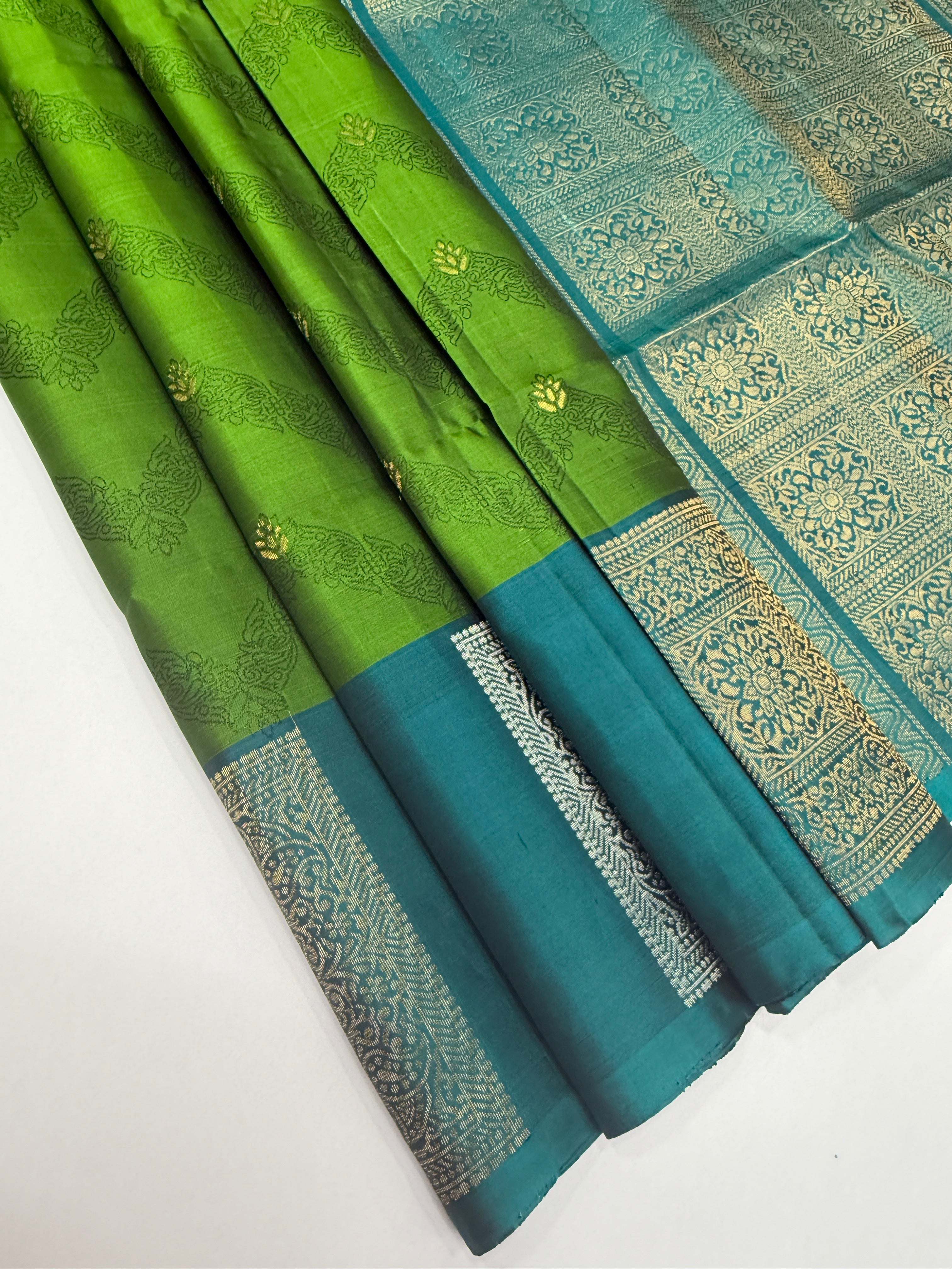 VSF1097 - olive green color body , peacock blue color pallu,blouse - Pure silk saree