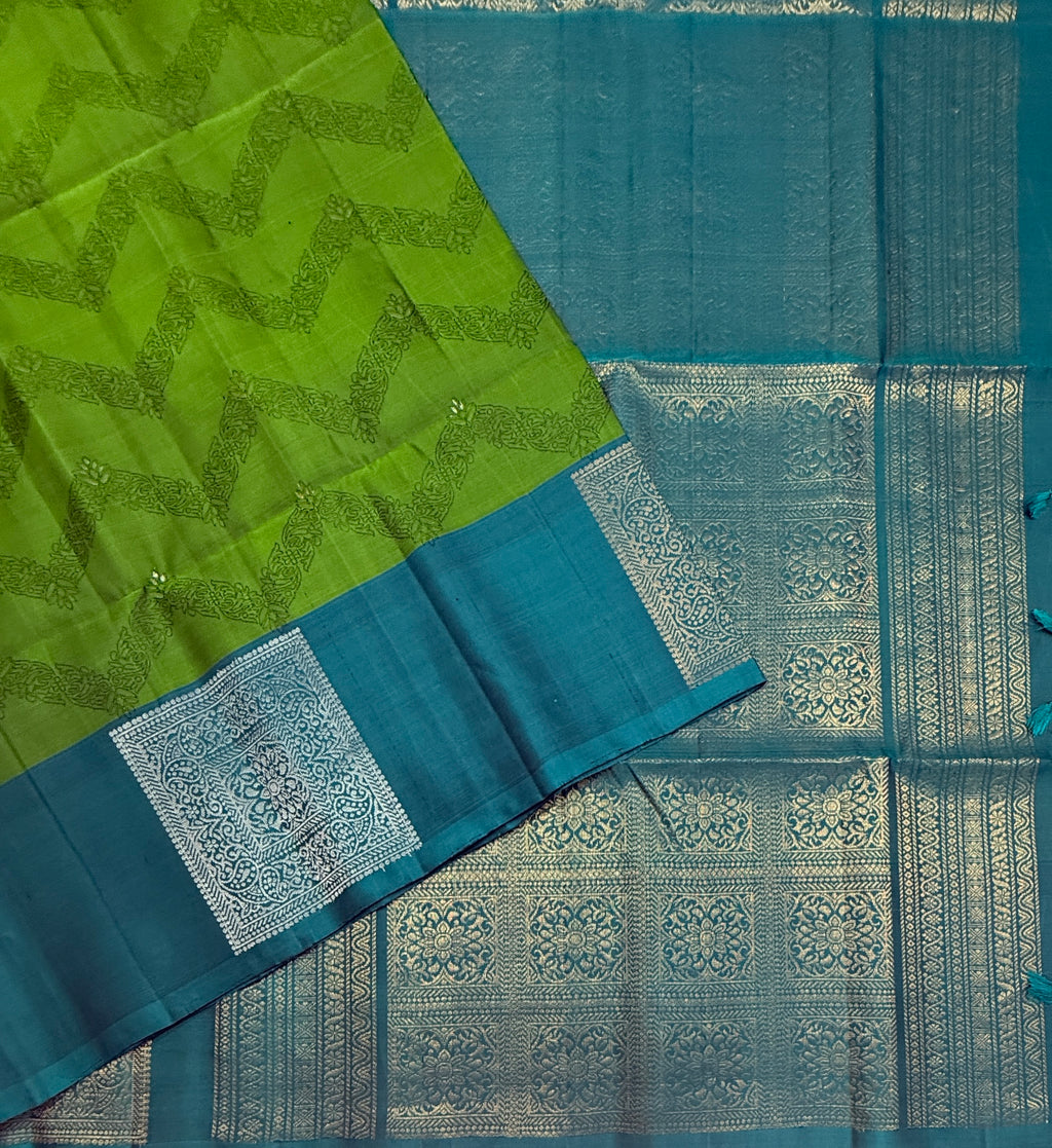 VSF1097 - olive green color body , peacock blue color pallu,blouse - Pure silk saree