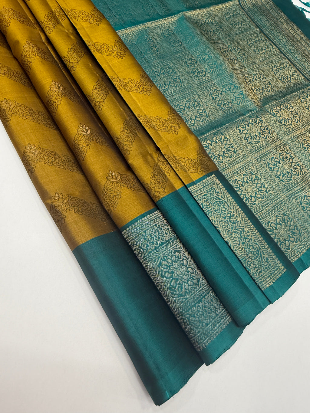 VSF1100 - mustard color body , peacock blue color pallu,blouse - Pure silk saree