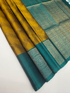 VSF1100 - mustard color body , peacock blue color pallu,blouse - Pure silk saree