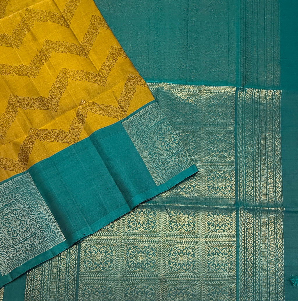 VSF1100 - mustard color body , peacock blue color pallu,blouse - Pure silk saree