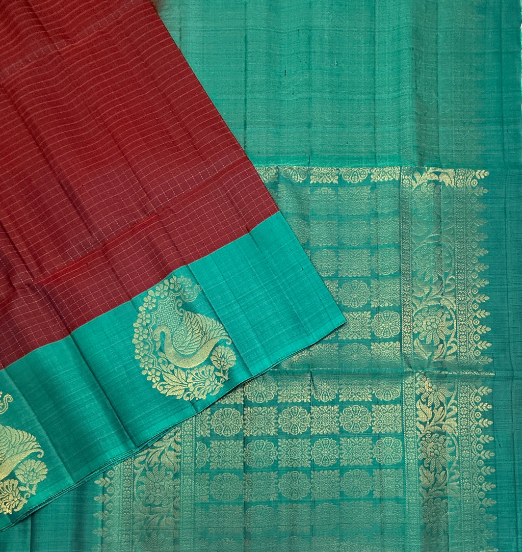 VSF1102 - maroon color body ,sea blue color pallu,blouse - Pure silk saree