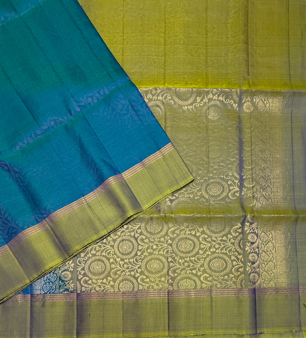 VSA670 - dual blue color body , green color pallu , blouse pure silk saree