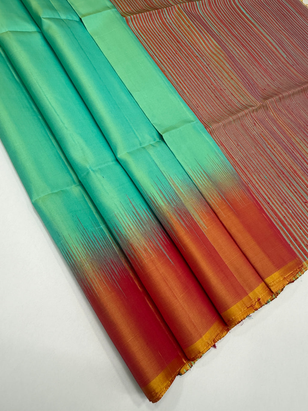 VSD160 -dual green color body , orange color pallu,blouse - Pure silk saree