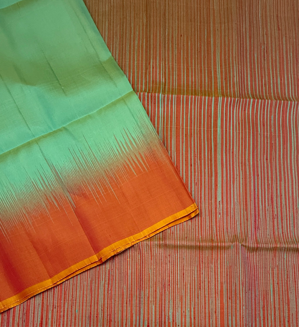 VSD160 -dual green color body , orange color pallu,blouse - Pure silk saree