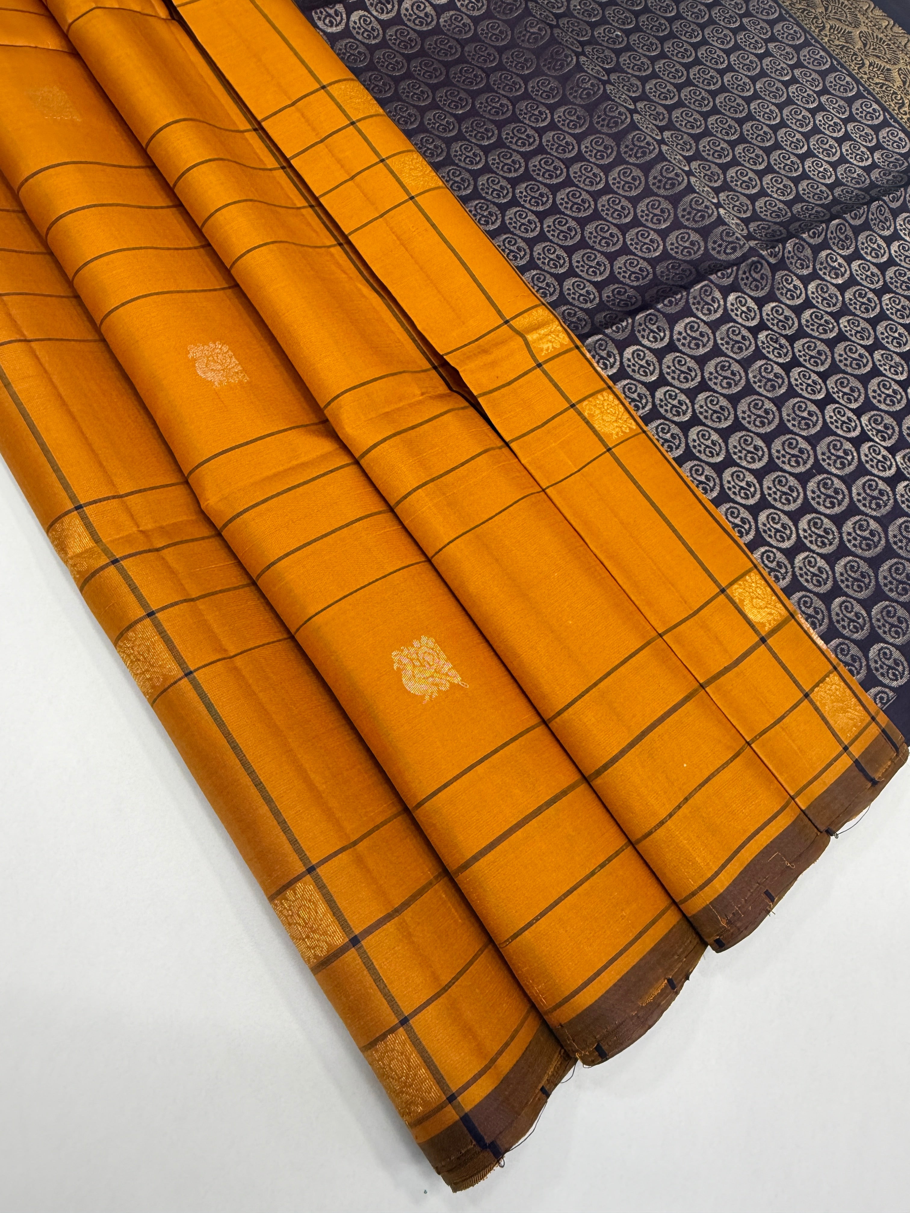 VSF1108 - mustard color body , dark purple color pallu,blouse - Pure silk saree