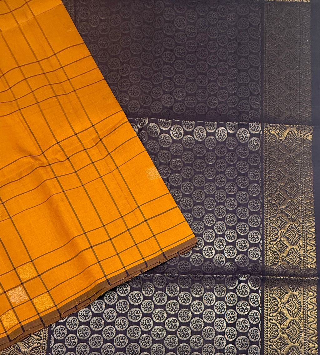 VSF1108 - mustard color body , dark purple color pallu,blouse - Pure silk saree