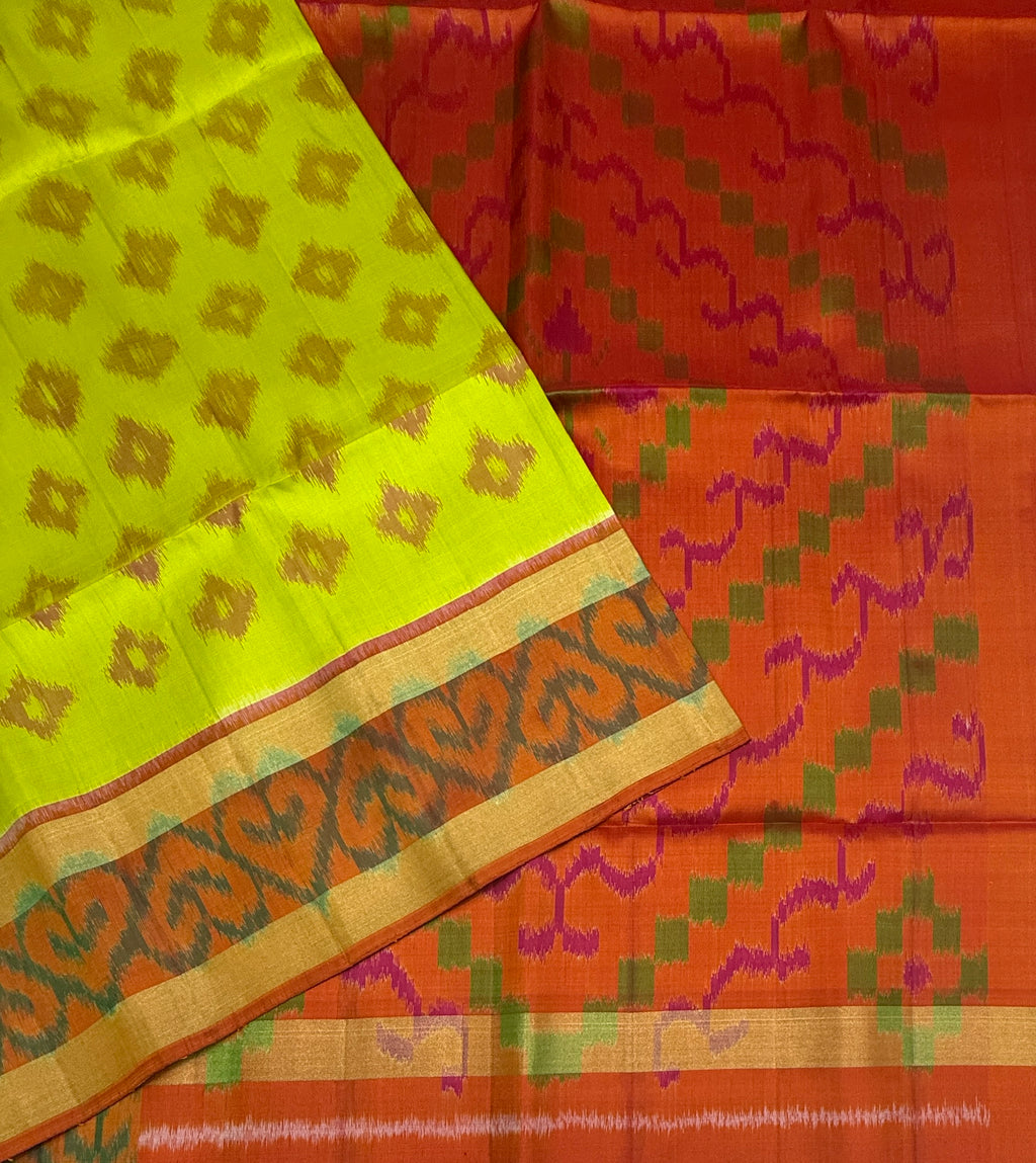 VSIS471 - radium green color body , orange color pallu , blouse - Pure silk saree