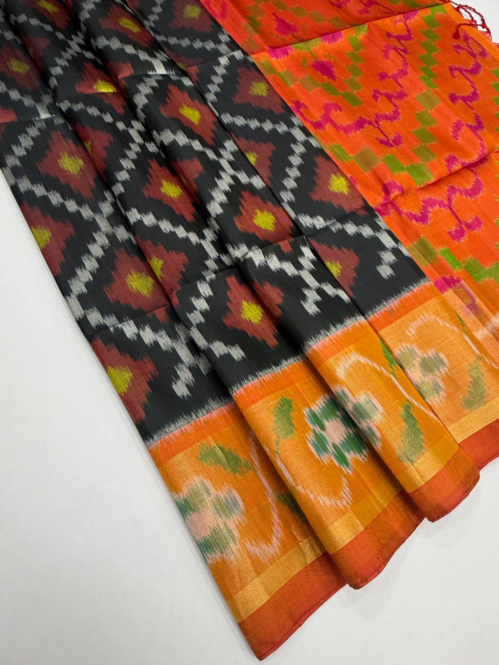VSIS472 - black color body , orange color pallu , blouse - Pure silk saree