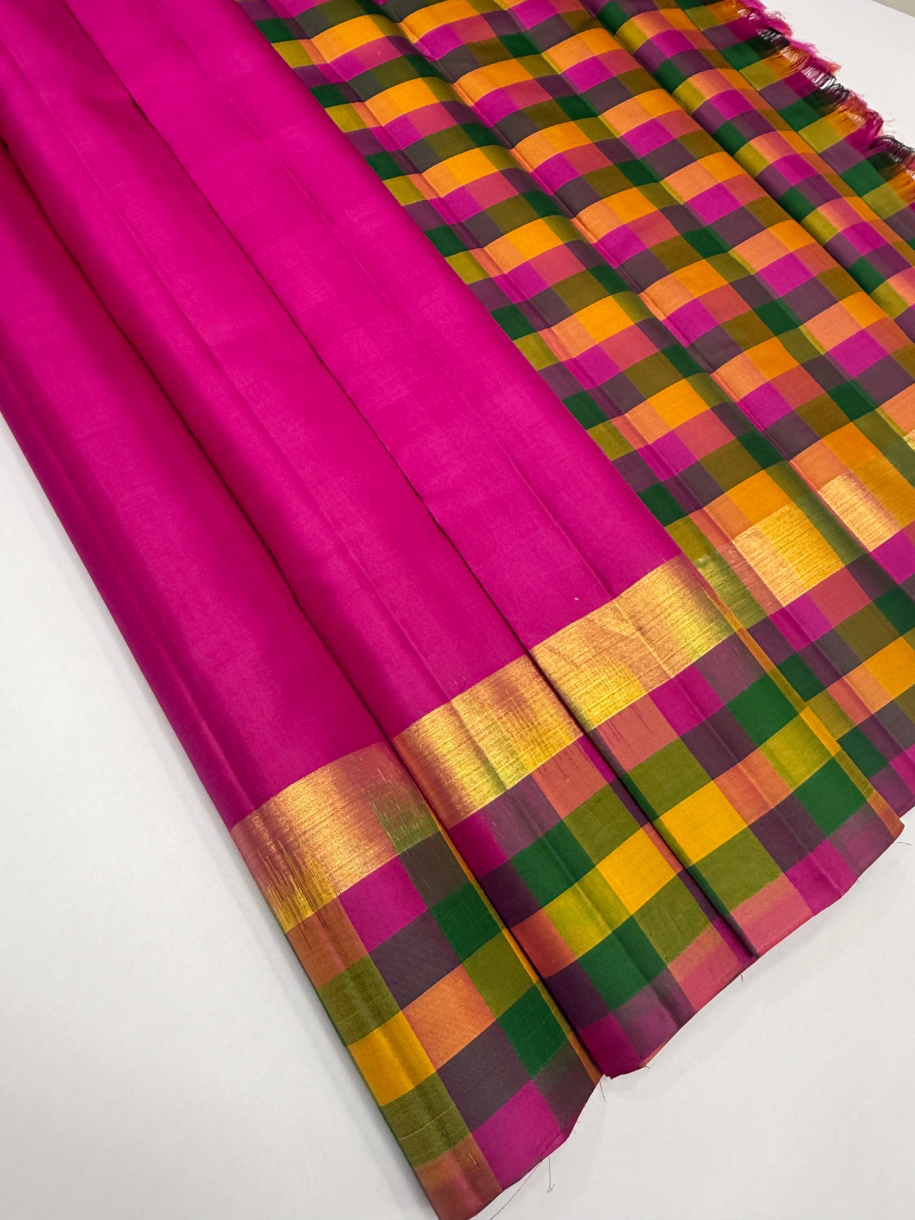 VSPP6 - rani pink color body , multicolor pallu,blouse - Pure silk saree